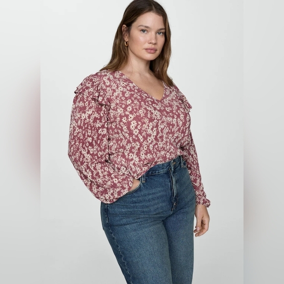 Mango Floral Ruffle Blouse - Pink Size Extra Large - Picture 6 of 7